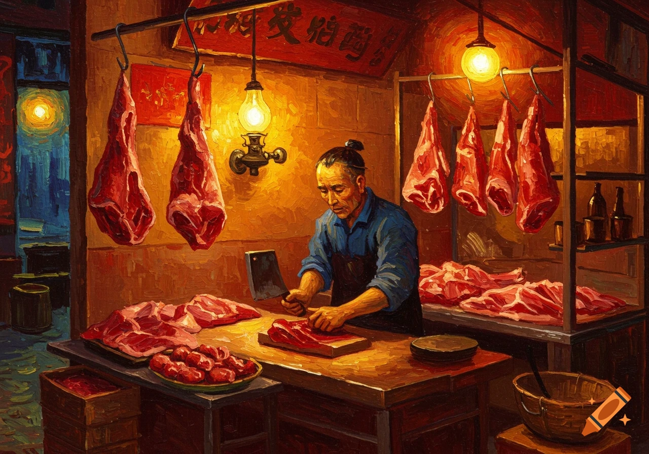 An oil painting in Van Gogh's style depicts a Chinese butcher cutting meat in a shop with hanging carcasses.
