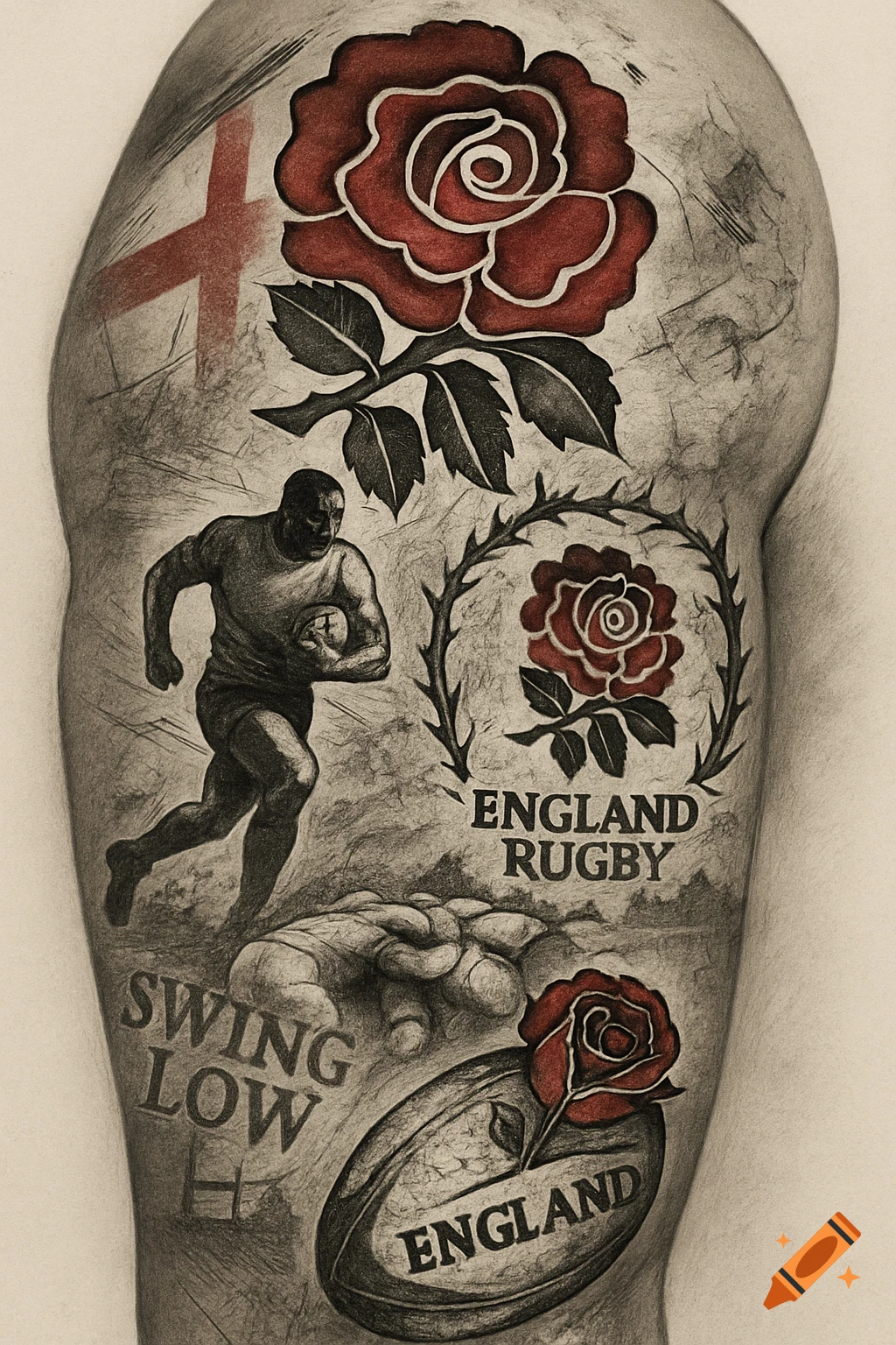 Monochrome sketch of England Rugby-themed tattoo designs on a leg, with red roses, a rugby player, and text 'ENGLAND RUGBY' and 'SWING LOW'.