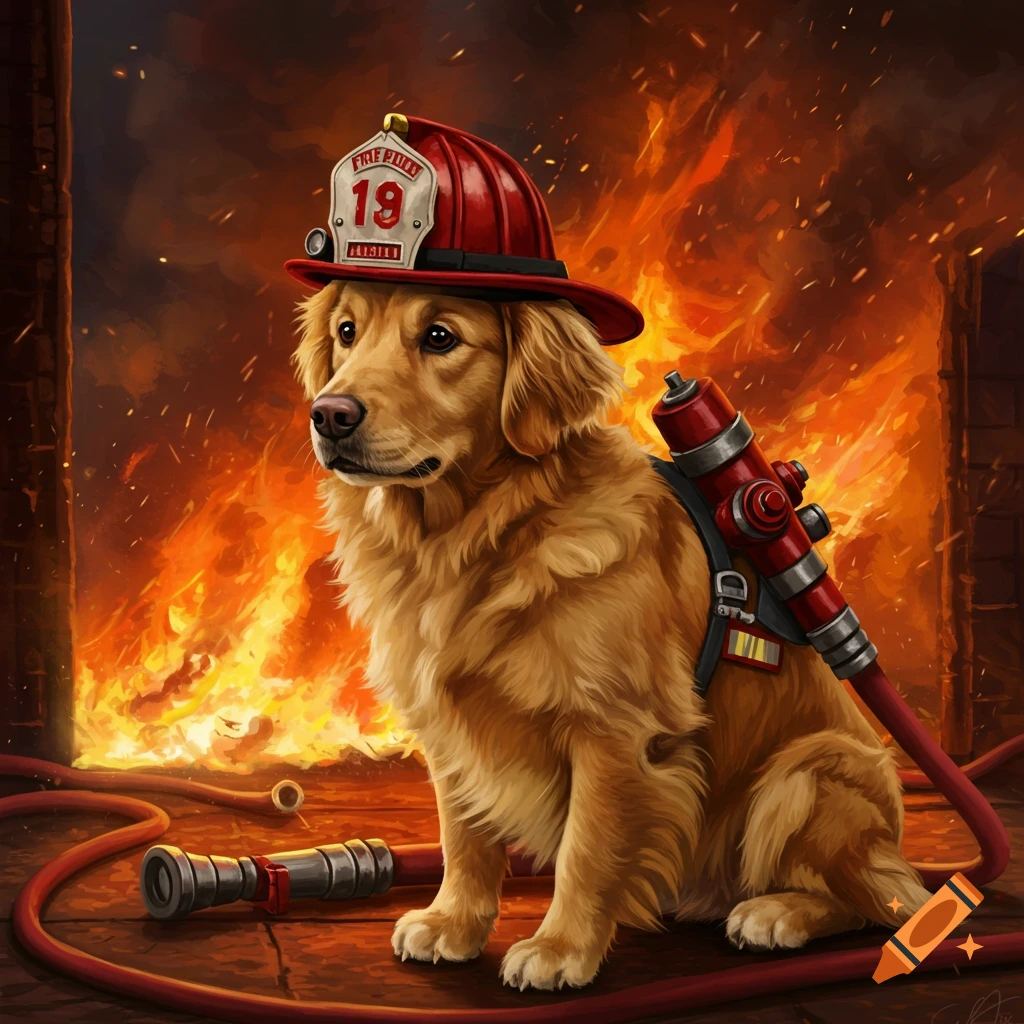 A golden retriever dog wearing a red firefighter helmet and backpack, sitting on a floor with a fire hose, with a large fire raging in the background.