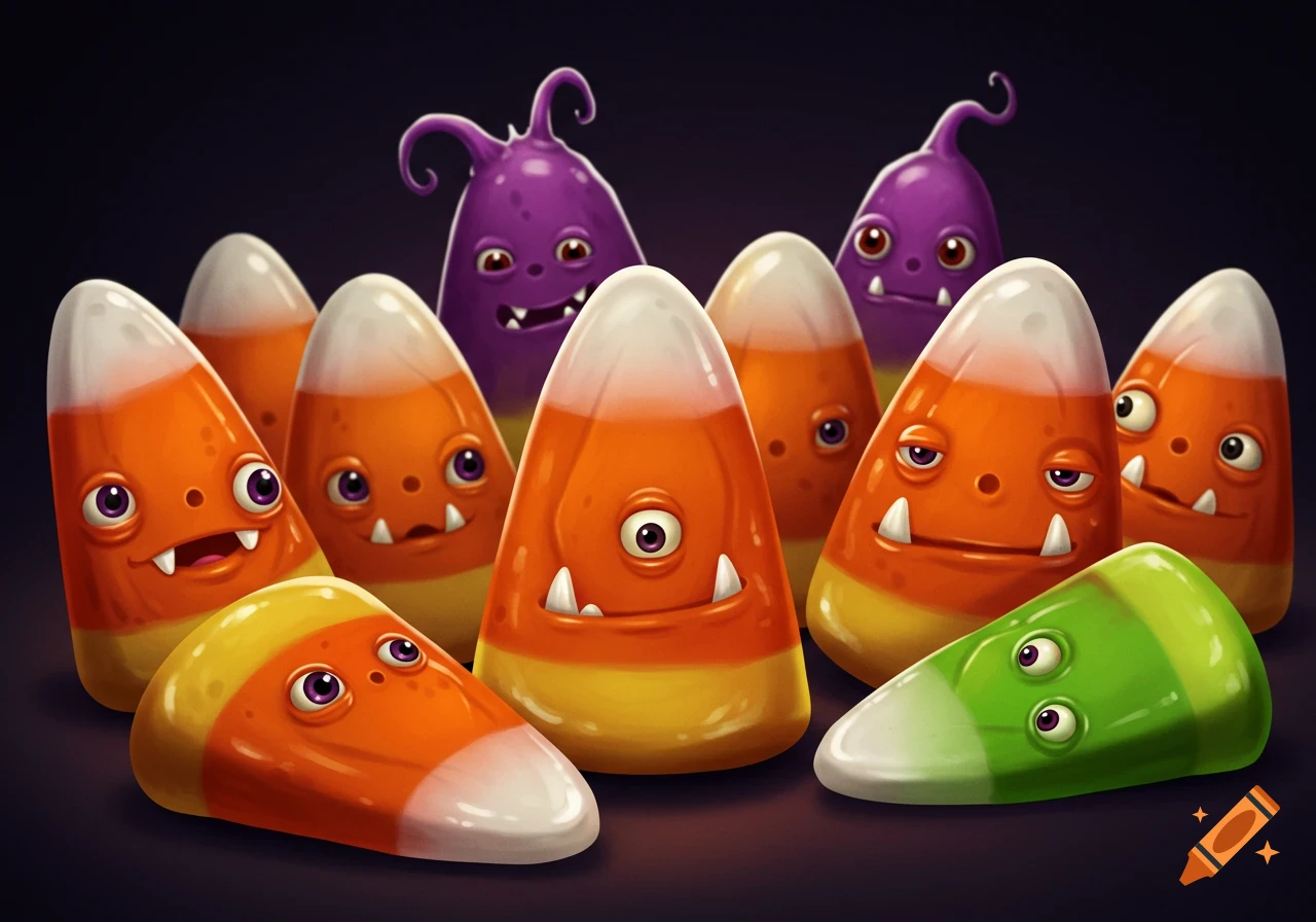 A group of cute, cartoony candy corn characters with monster faces and a couple of purple monsters behind them on a dark background.