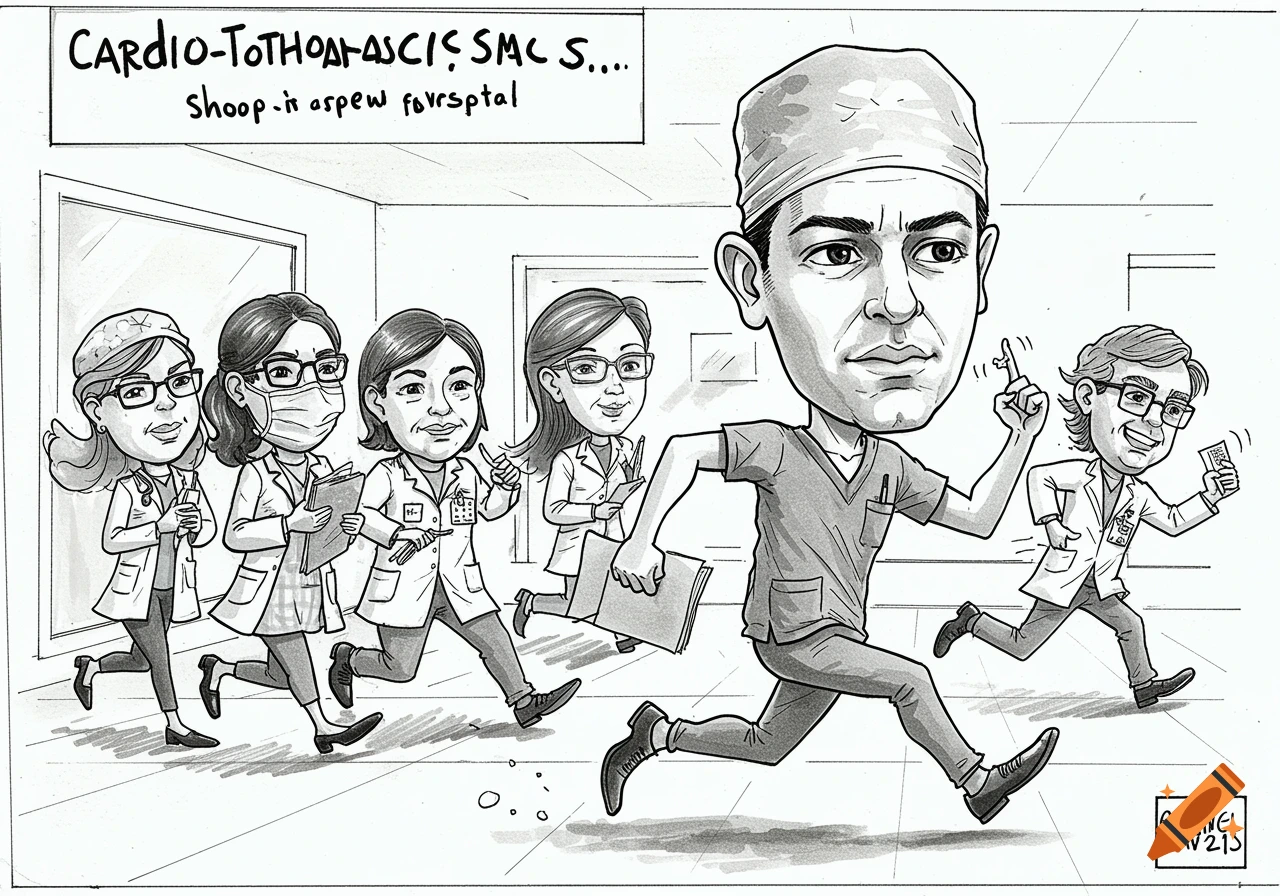A black and white caricature shows a large-headed cardiothoracic surgeon running, followed by a group of smaller doctors through a hospital corridor.
