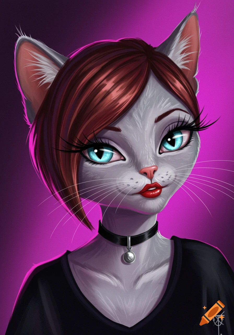 An illustration of an anthropomorphic grey cat with red hair, blue eyes, and red lipstick, wearing a black choker, against a purple background.