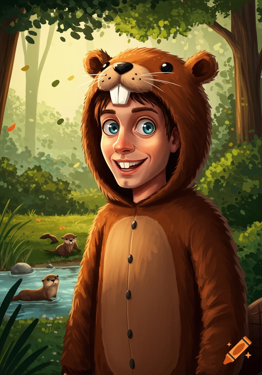 A smiling person wearing a brown beaver costume stands in a lush forest with otters playing in a stream.