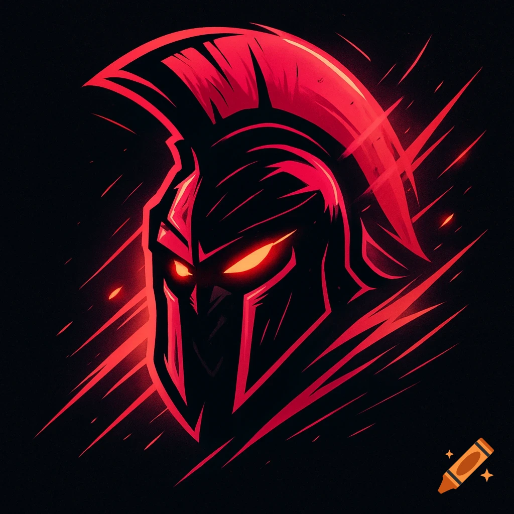 Bold, esports-style logo of a red Spartan helmet with glowing eyes and energy streaks on a black background.