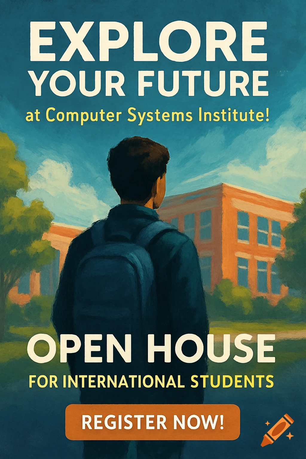 A student with a backpack faces a brick building under a blue sky, on a poster for Computer Systems Institute's open house.