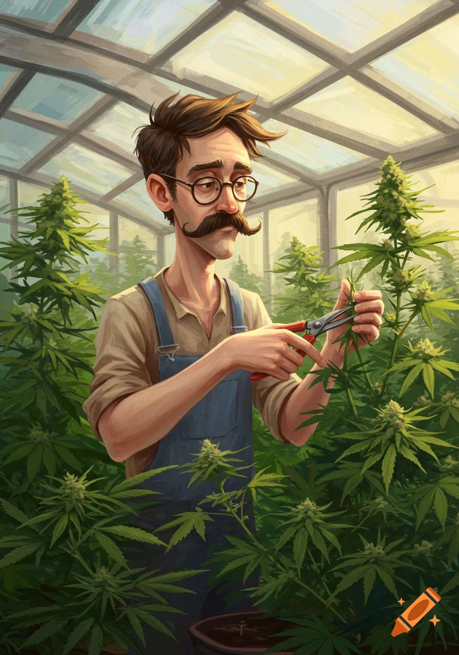 An illustration of a man with a mustache and glasses trimming cannabis plants in a greenhouse.