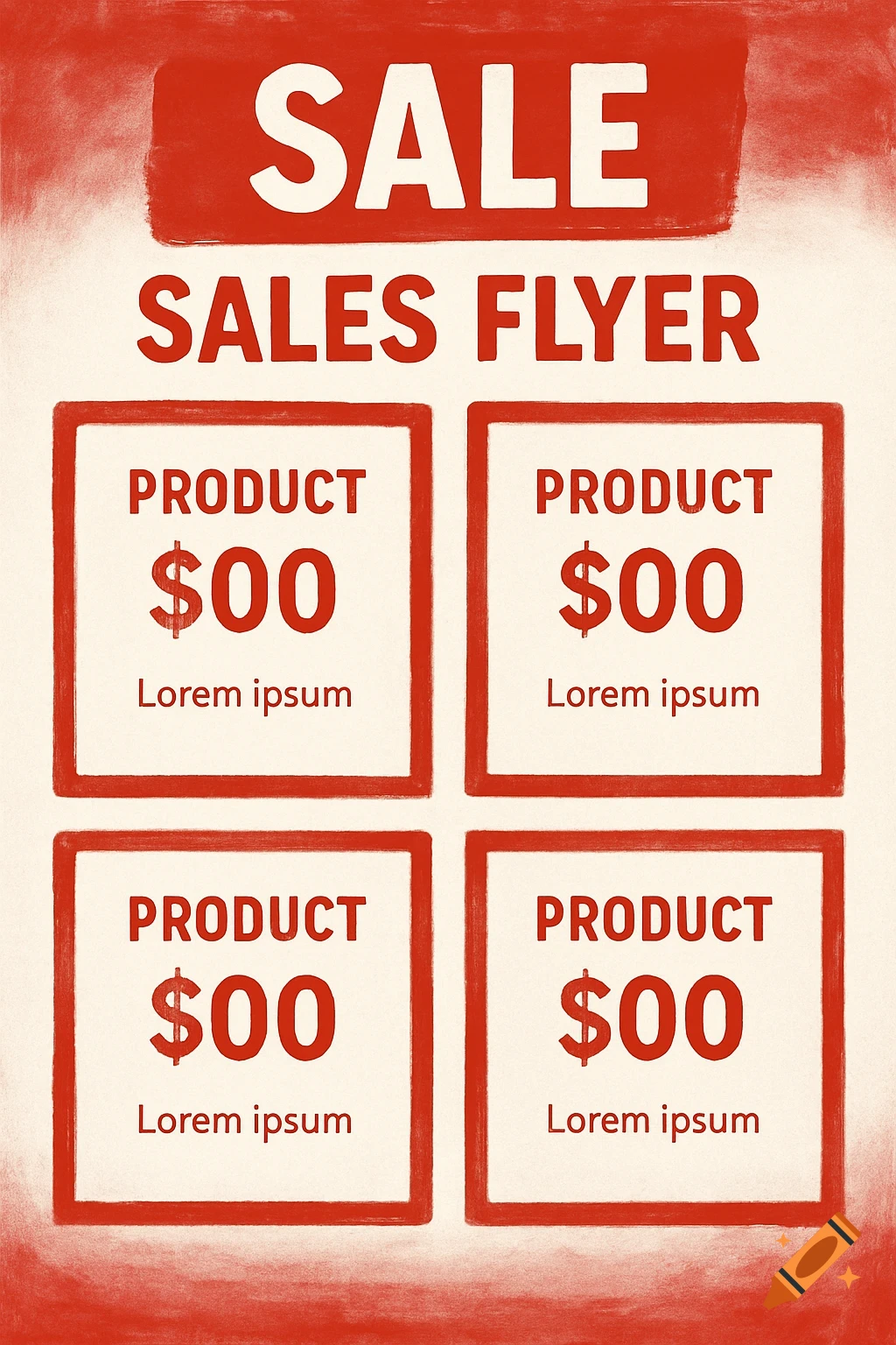 Red and white sales flyer with 'SALE' heading and four product sections with placeholder text and prices.