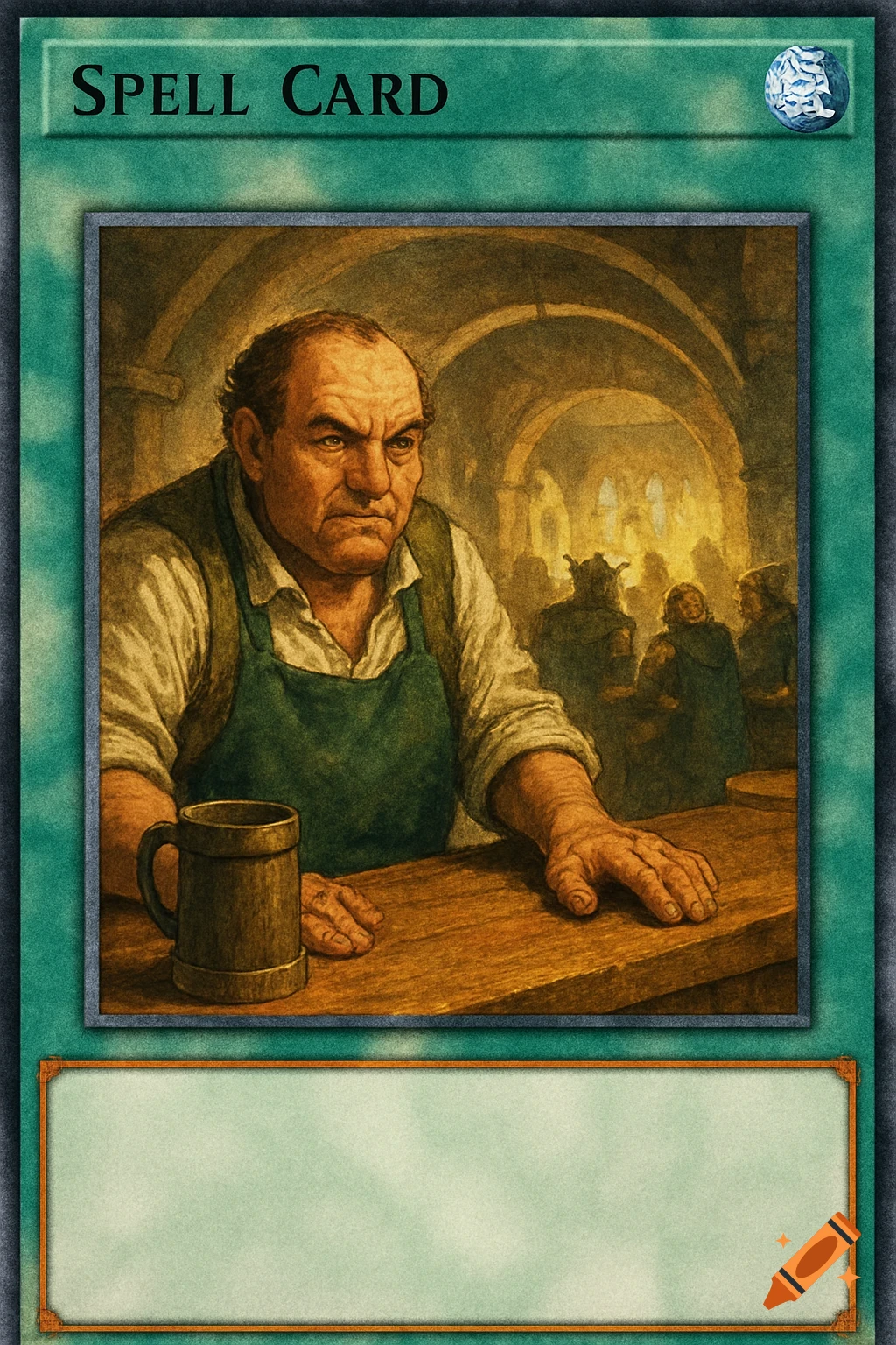 A man with a stern expression behind a wooden bar in a bustling tavern, designed as a Yu-Gi-Oh! style spell card.