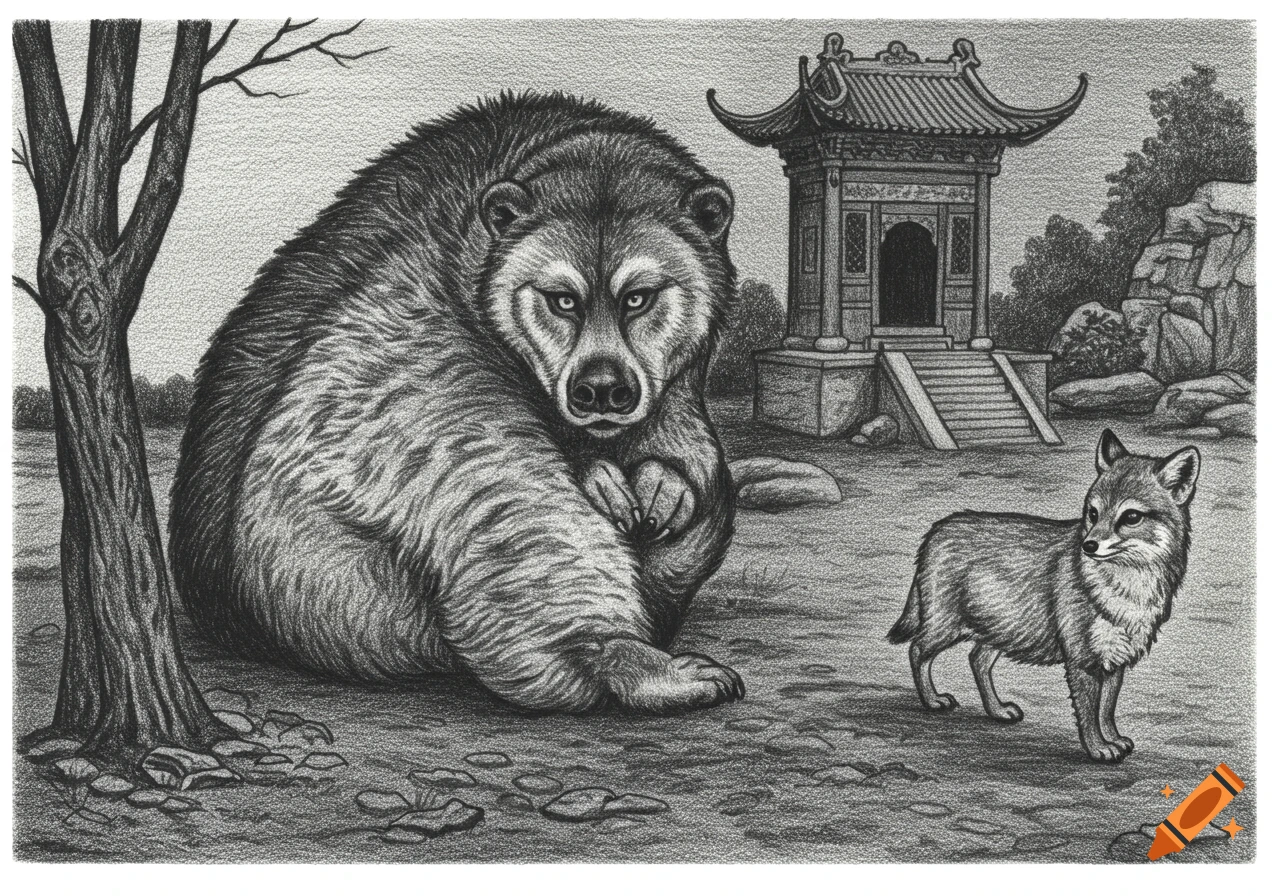 A pencil drawing of a large bear sitting next to a small fox, with a Chinese temple and a bare tree in the background.