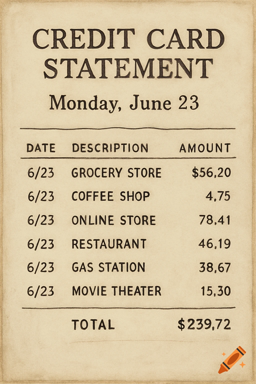 A vintage-style credit card statement for Monday, June 23, showing various transactions like grocery store, coffee shop, and restaurant purchases, totaling $239.72.