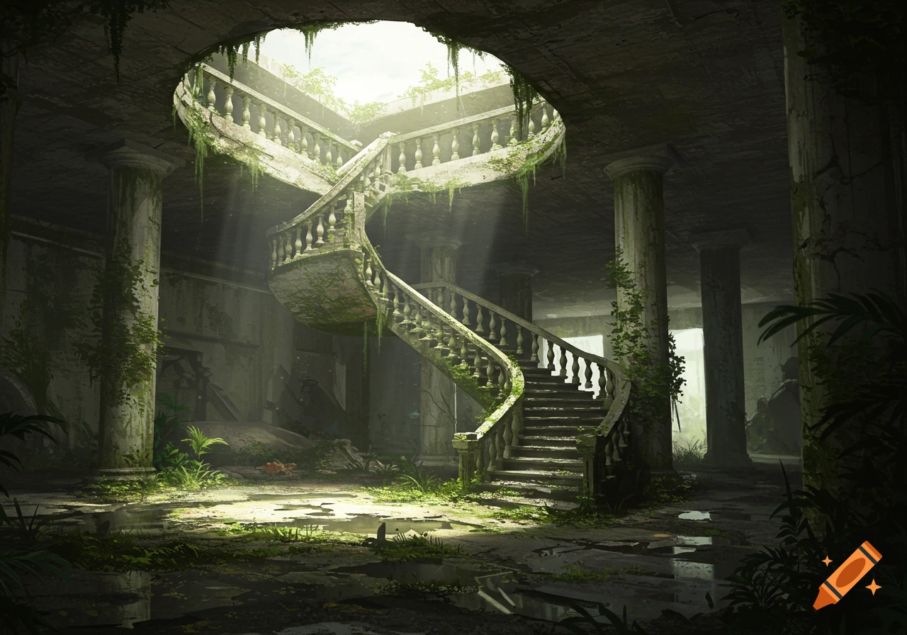A grand, decaying stone spiral staircase in an overgrown, ruined building, illuminated by a sunbeam from a hole in the ceiling.