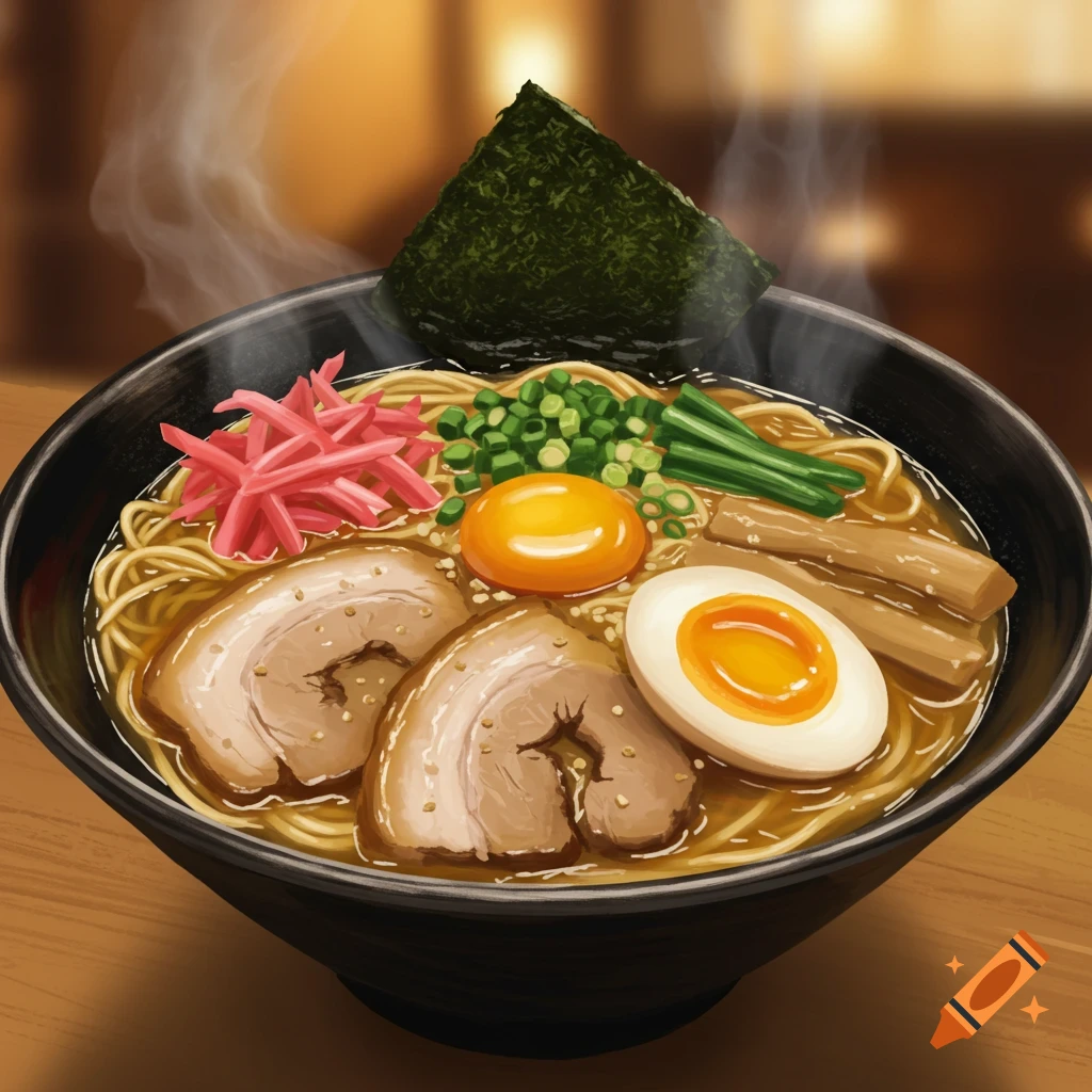 A steaming bowl of ramen with pork, eggs, green onions, bamboo shoots, pickled ginger, and nori in an illustrative style.