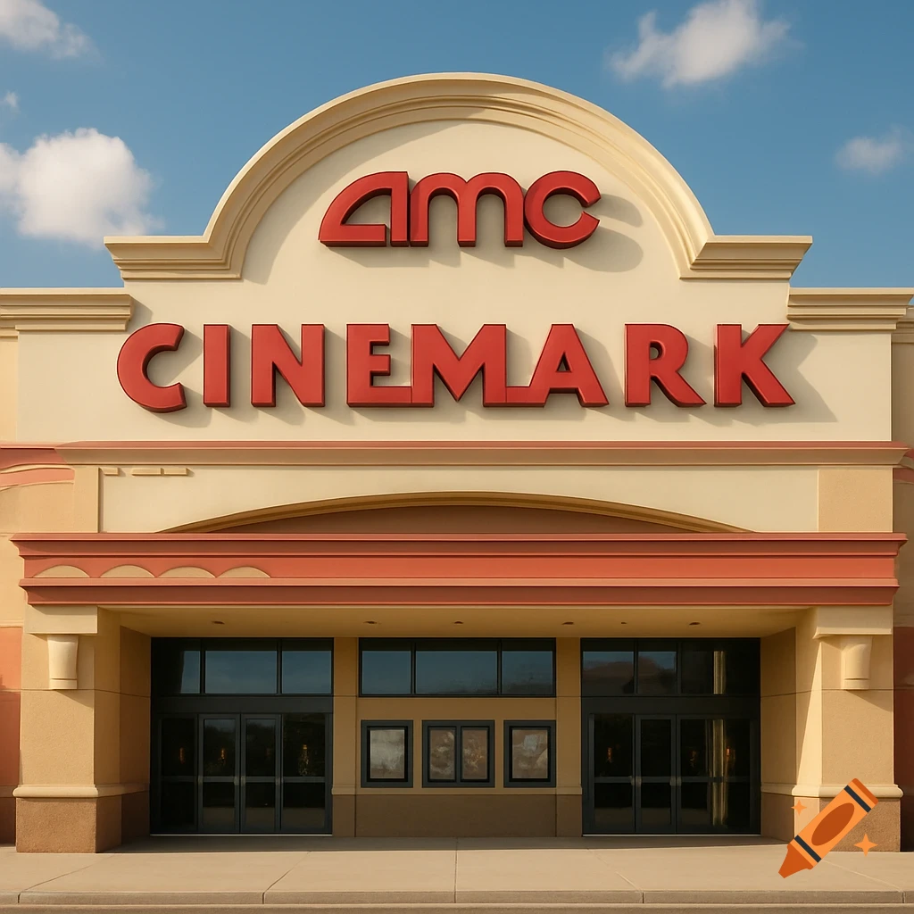 Exterior view of a movie theater with 'AMC' and 'CINEMARK' signs on the facade under a blue sky.