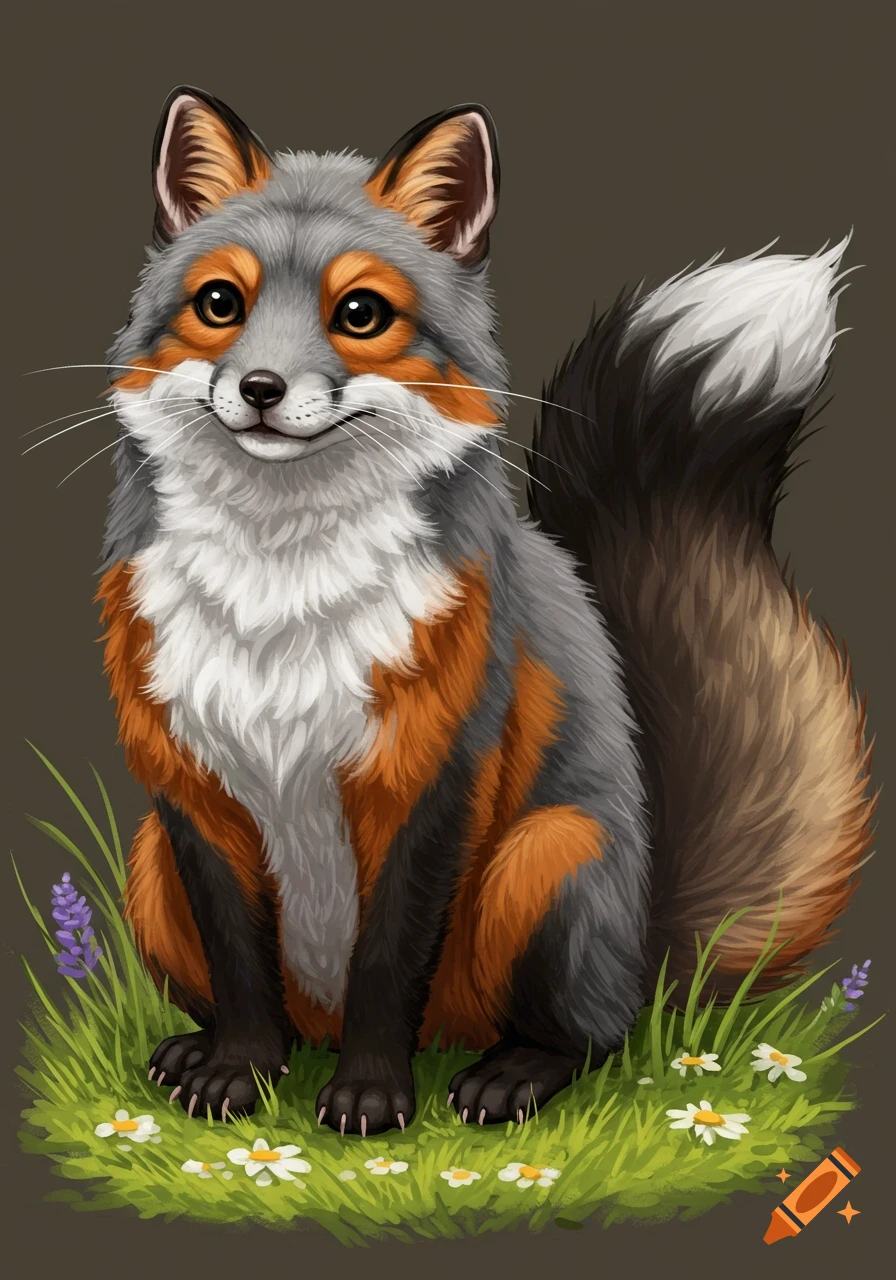 A stylized fox-like creature with grey, orange, and white fur sits in a grassy field with small flowers.