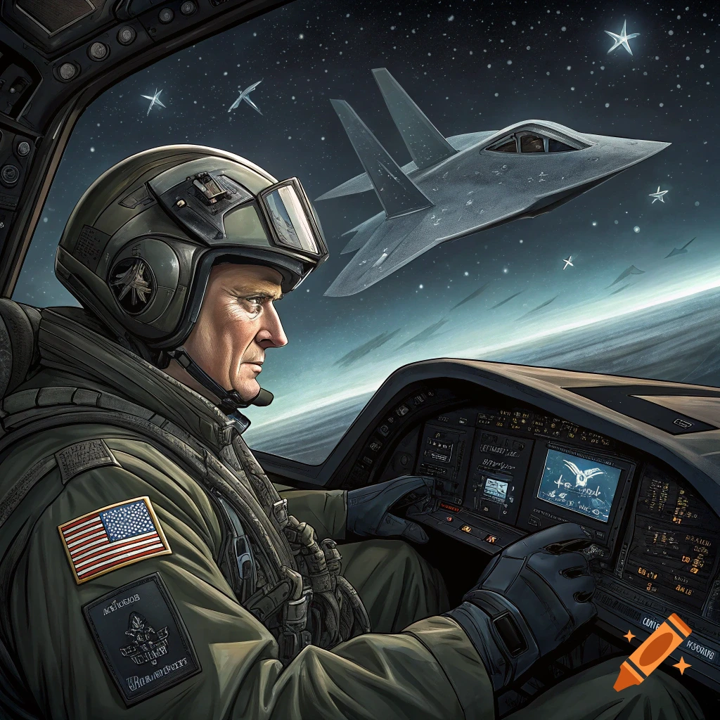 A pilot in a military uniform and helmet sits in a cockpit, looking out at a stealth bomber flying against a starry sky with the Earth's horizon below.