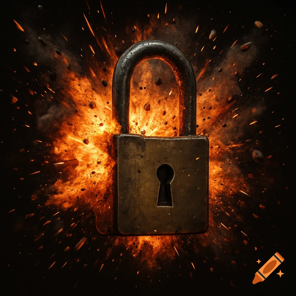 A metallic padlock glows from an orange and red explosion bursting outwards against a dark background.