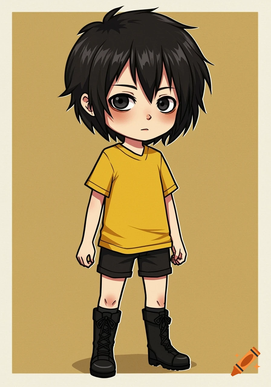 Anime-style drawing of a cute boy with black hair, dark eyes, wearing a yellow t-shirt, black shorts, and black boots.
