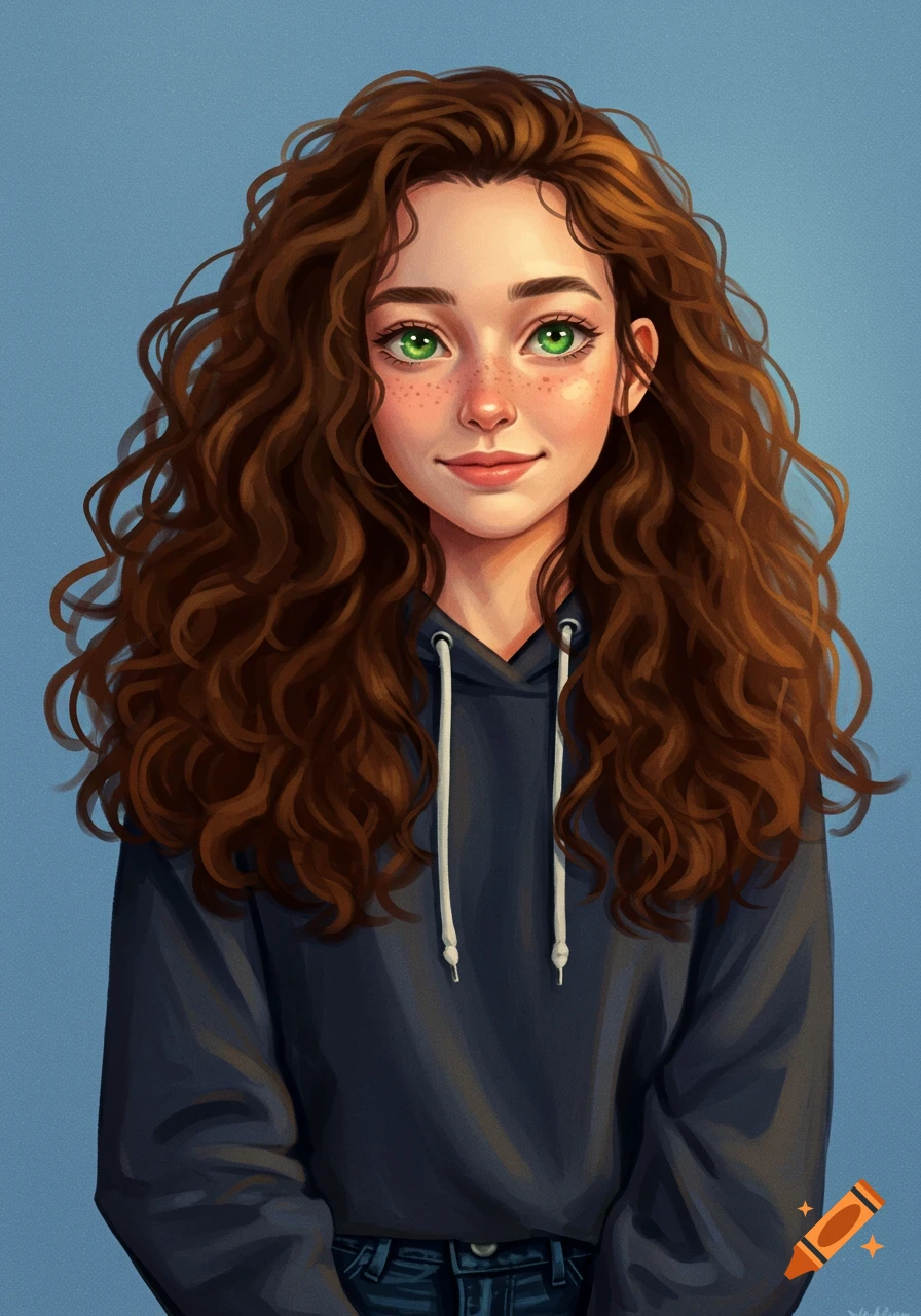 A digital painting of a young woman with long curly brown hair, green eyes, and freckles, wearing a dark blue hoodie.