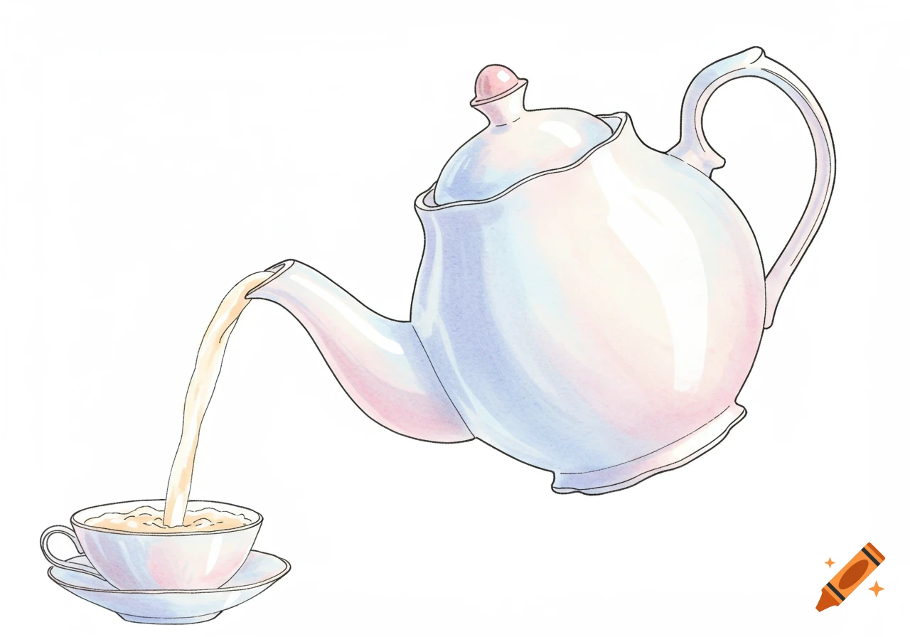 A watercolor drawing of a white teapot pouring light brown liquid into a matching teacup and saucer.