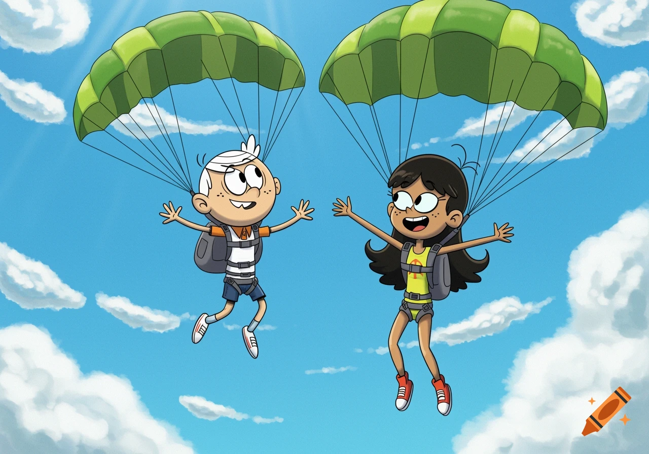 Lincoln Loud and Stella Zhau smile happily while skydiving with green parachutes in a bright blue sky.