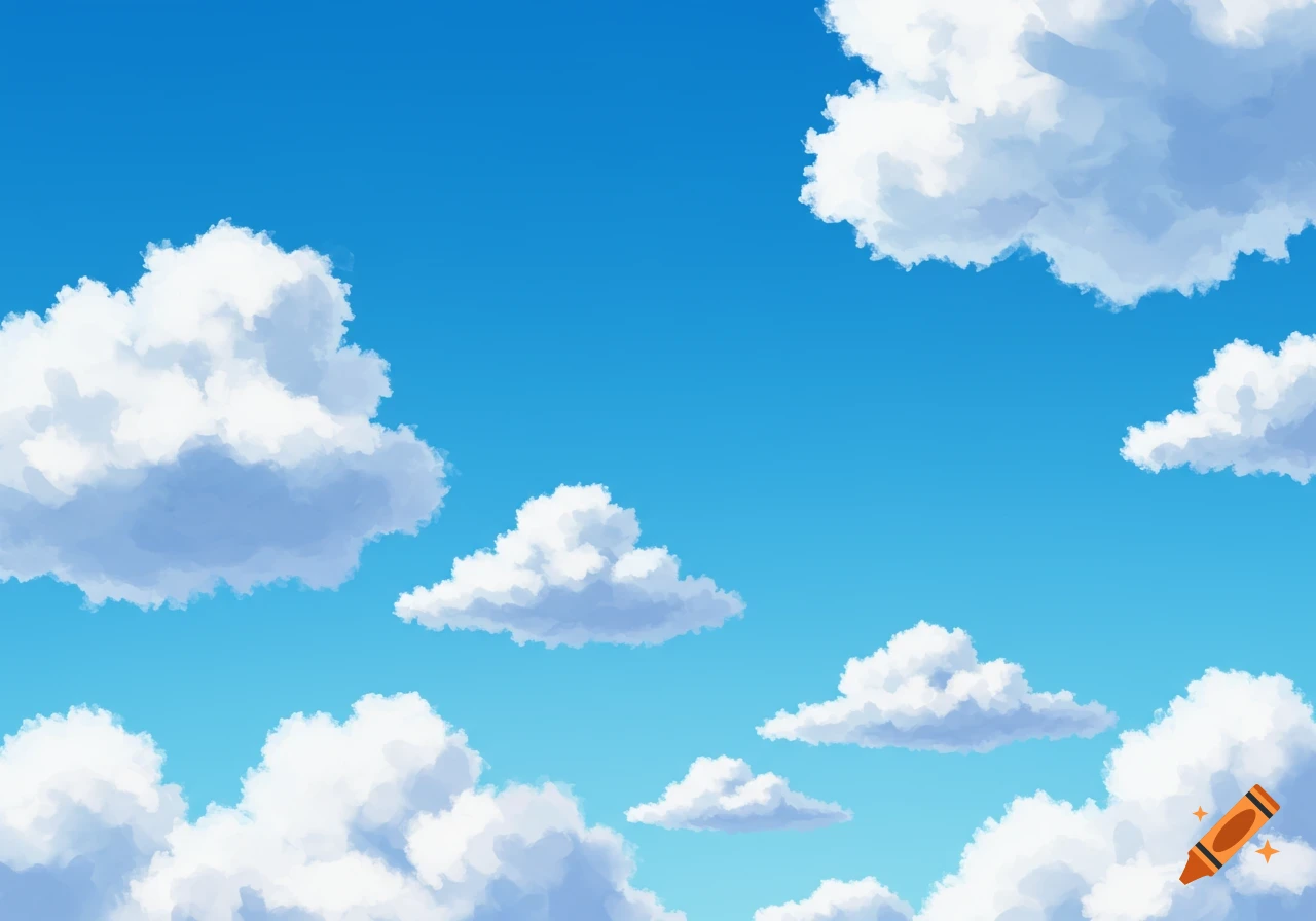 A blue sky filled with puffy white clouds in a mild cartoon style.