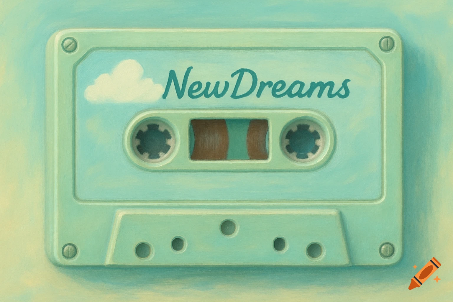 A pastel blue-green cassette tape with 'NewDreams' written on it and a white cloud, in an artistic style.