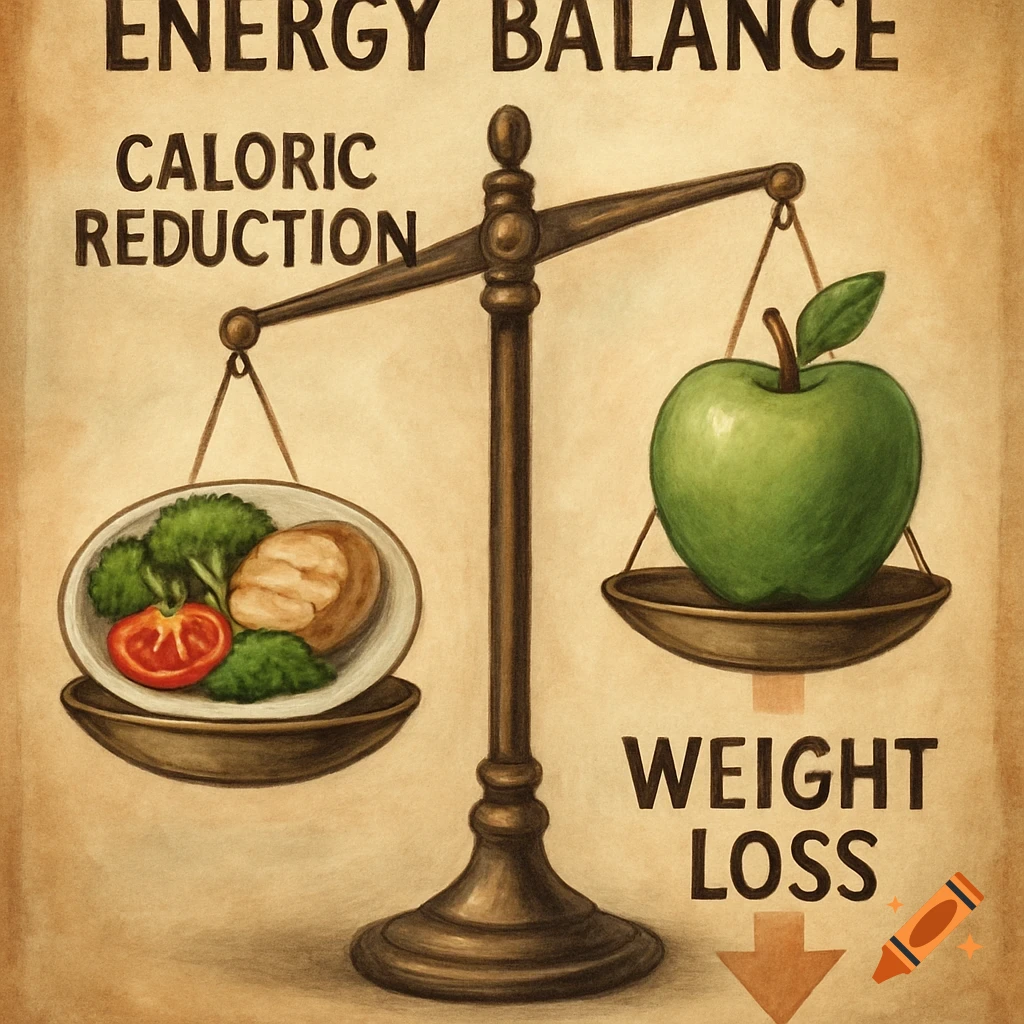 Illustration of a balance scale representing 'ENERGY BALANCE', with 'CALORIC REDUCTION' (healthy food) and 'WEIGHT LOSS' (apple).