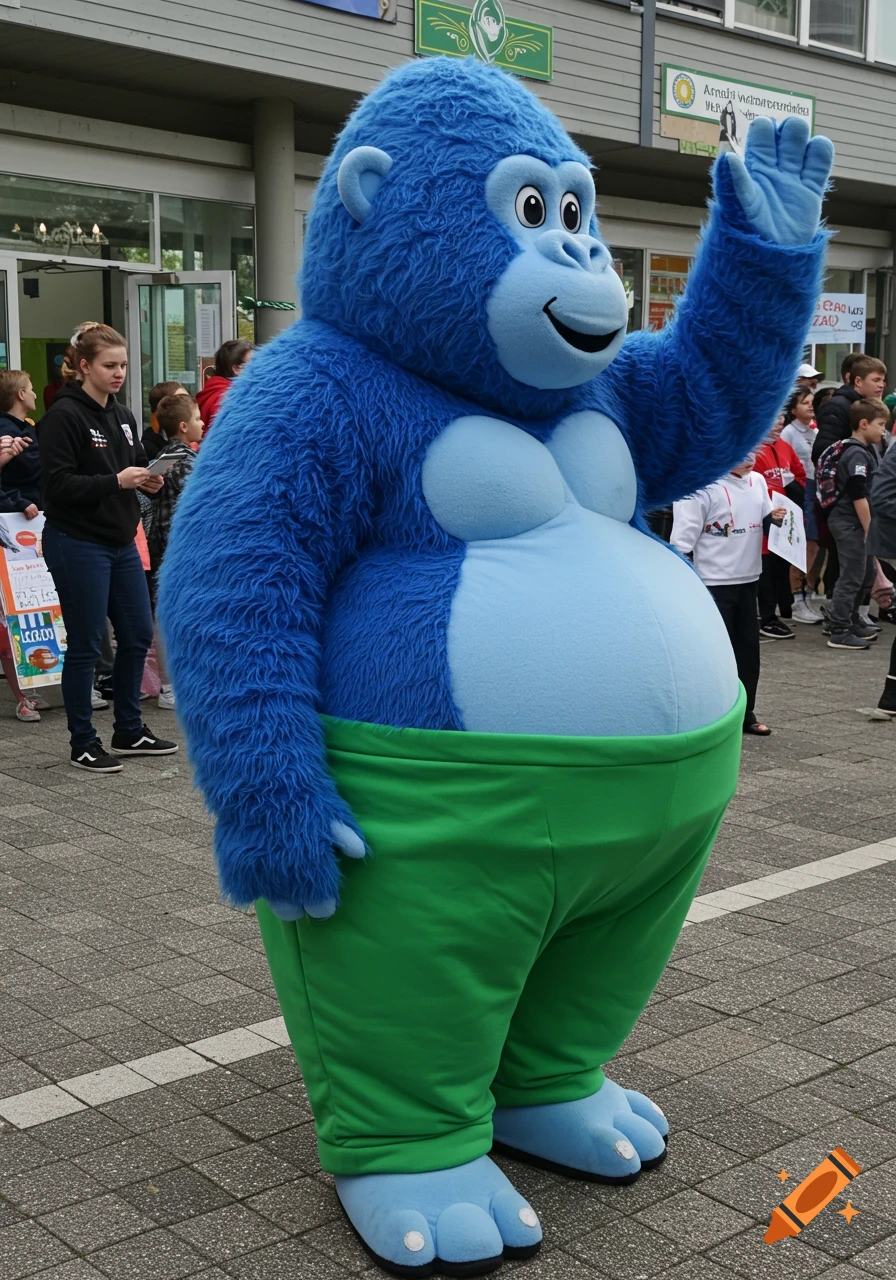 Large blue gorilla mascot in green pants waves to people on a paved outdoor area in front of a building.
