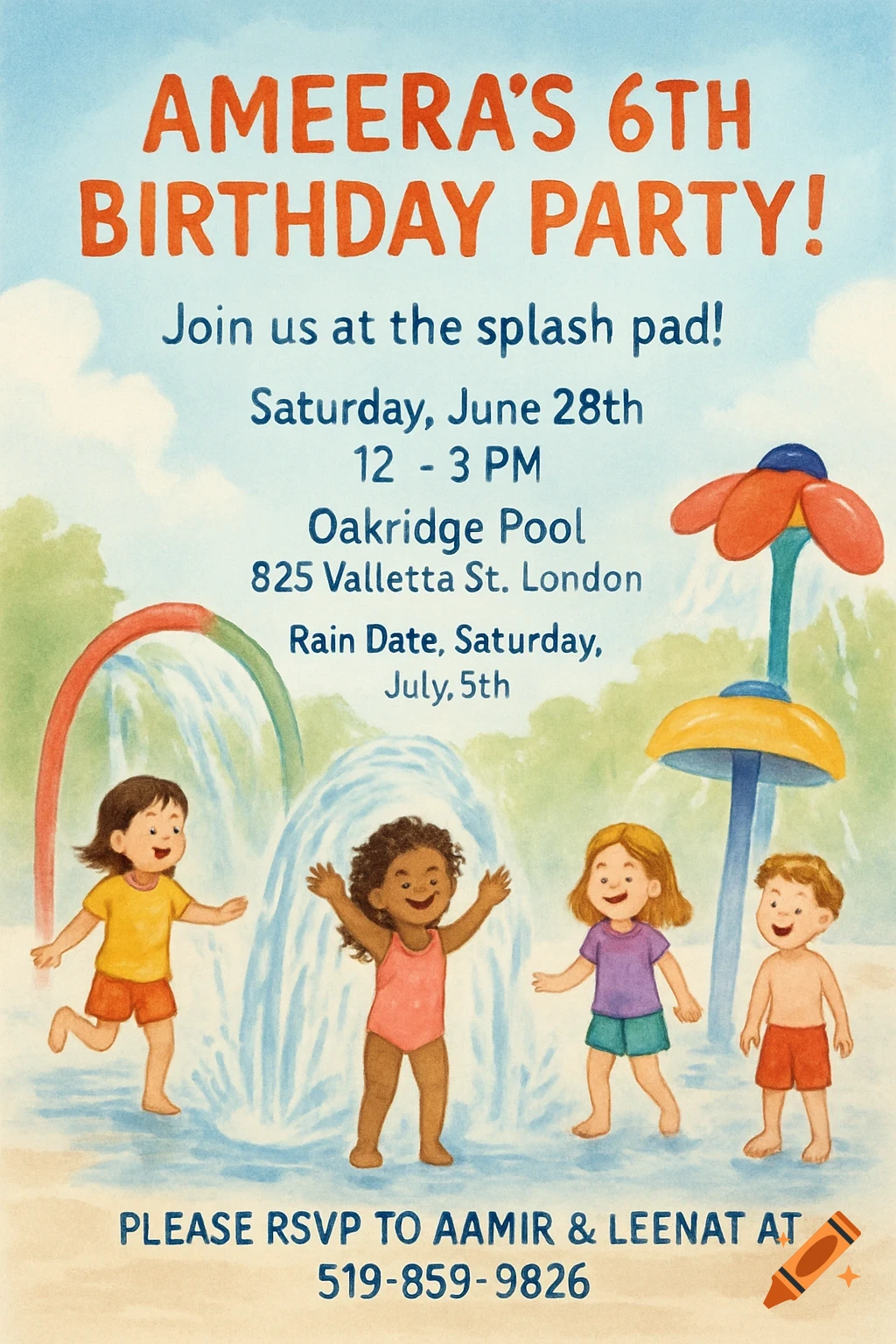 A watercolor illustration of a birthday invitation with diverse children playing in a splash pad.