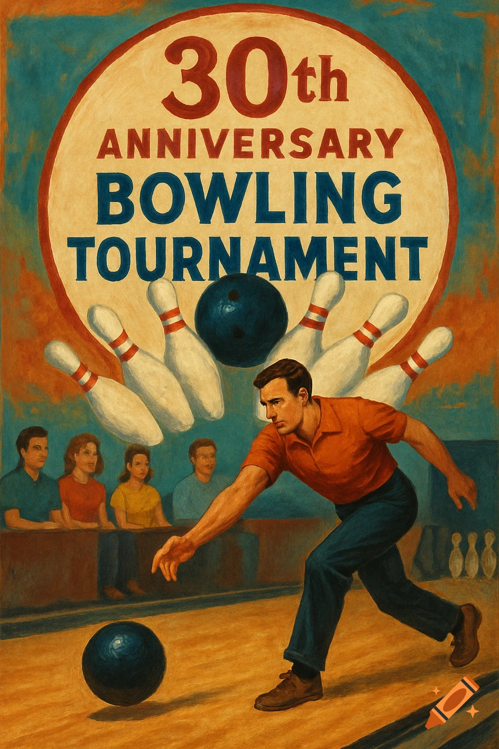 A vintage-style poster advertising a 30th Anniversary Bowling Tournament, featuring a man in action with a bowling ball and pins flying.