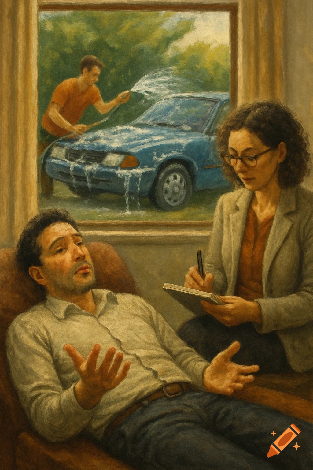 A man lies on a therapist's couch talking, while a woman takes notes. Through a large window, a man washes a blue car.