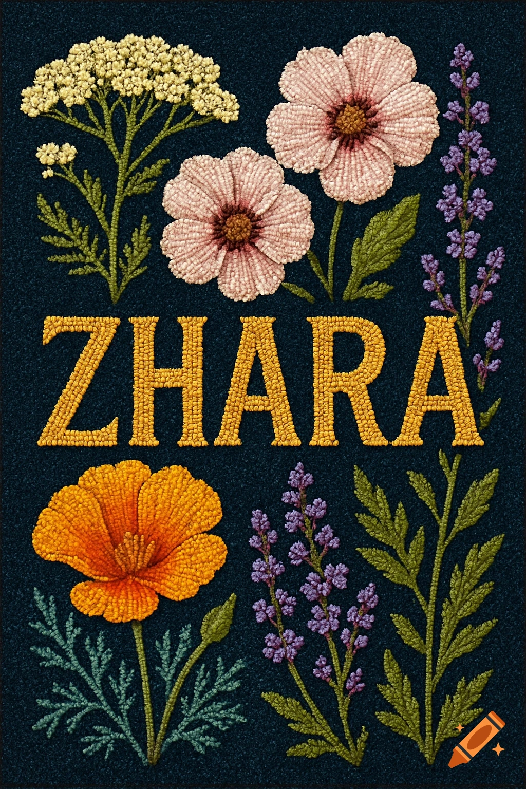 An embroidery-style poster featuring various colorful flowers and the name 'ZHARA' in beaded yellow text.