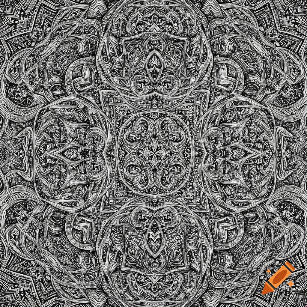 A detailed, symmetrical black and white abstract pattern, resembling intertwined filigree or an intricate mandala.