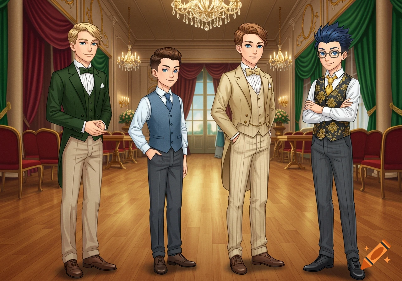 Four anime-style teenage boys in formal wear stand in a lavish ballroom.