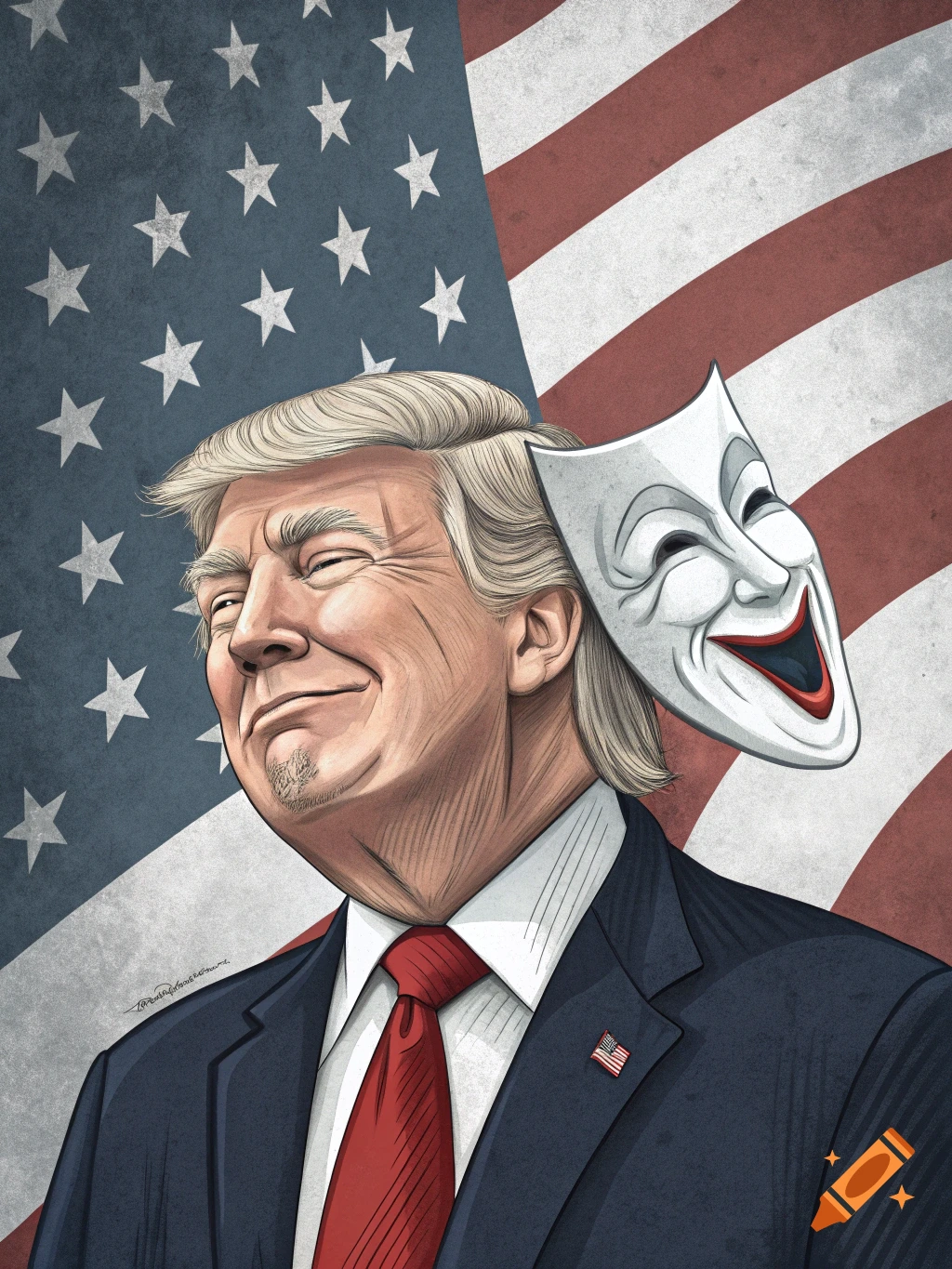 Caricature of Donald Trump smiling with a comedy mask pulled from his face, against an American flag.