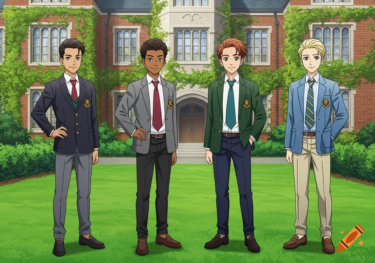 Four anime teenage boys in school uniforms stand on a green lawn in front of a brick academy building.