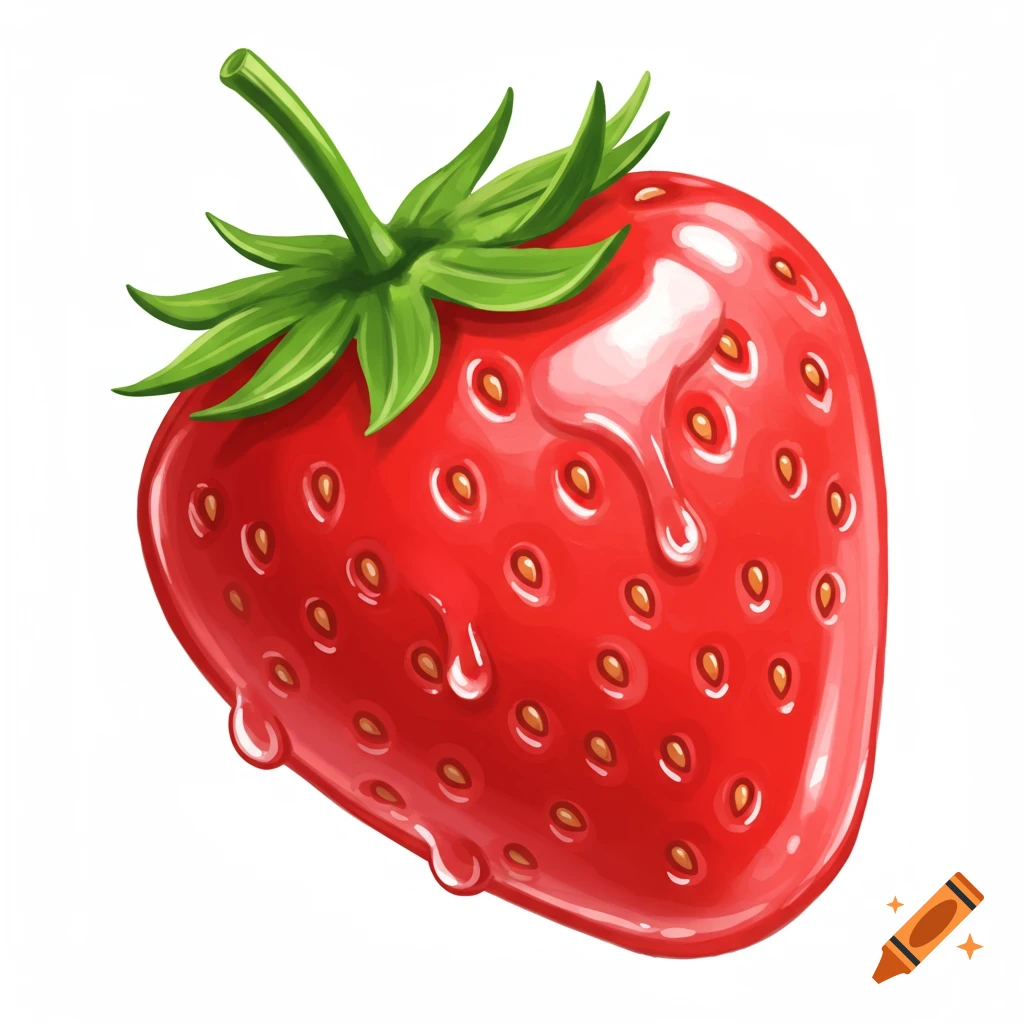 A vibrant, glossy illustration of a red strawberry with green leaves and stem, featuring glistening drips on its surface, against a white background.