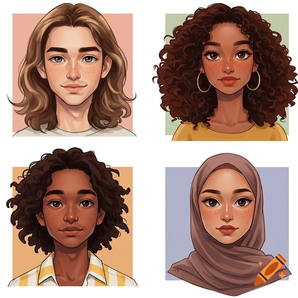 Four diverse cartoon portraits in an anime style featuring different skin tones, hair types, and one character wearing a hijab.