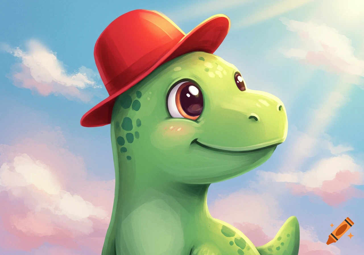 A cute green cartoon dinosaur with large eyes and a red hat, looking right, against a blue sky with pink and white clouds.