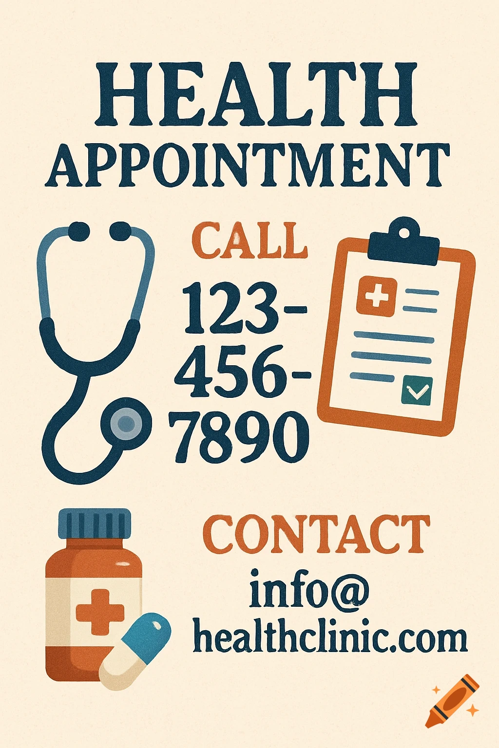 An illustration for a health appointment with a stethoscope, clipboard, medicine bottle, and contact information.