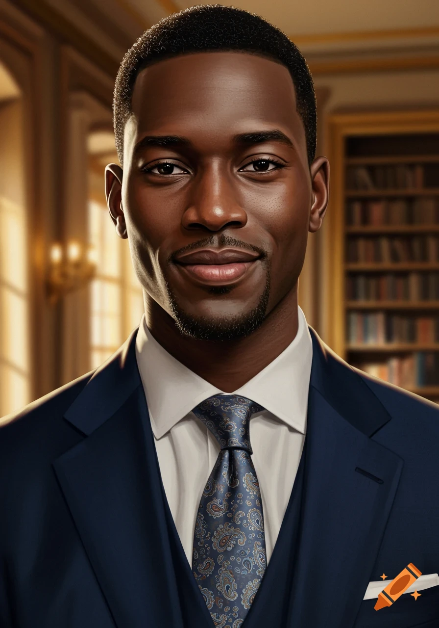 A photorealistic portrait of a young Black man in a dark blue suit and patterned tie, smiling confidently in a grand, well-lit room with bookshelves.