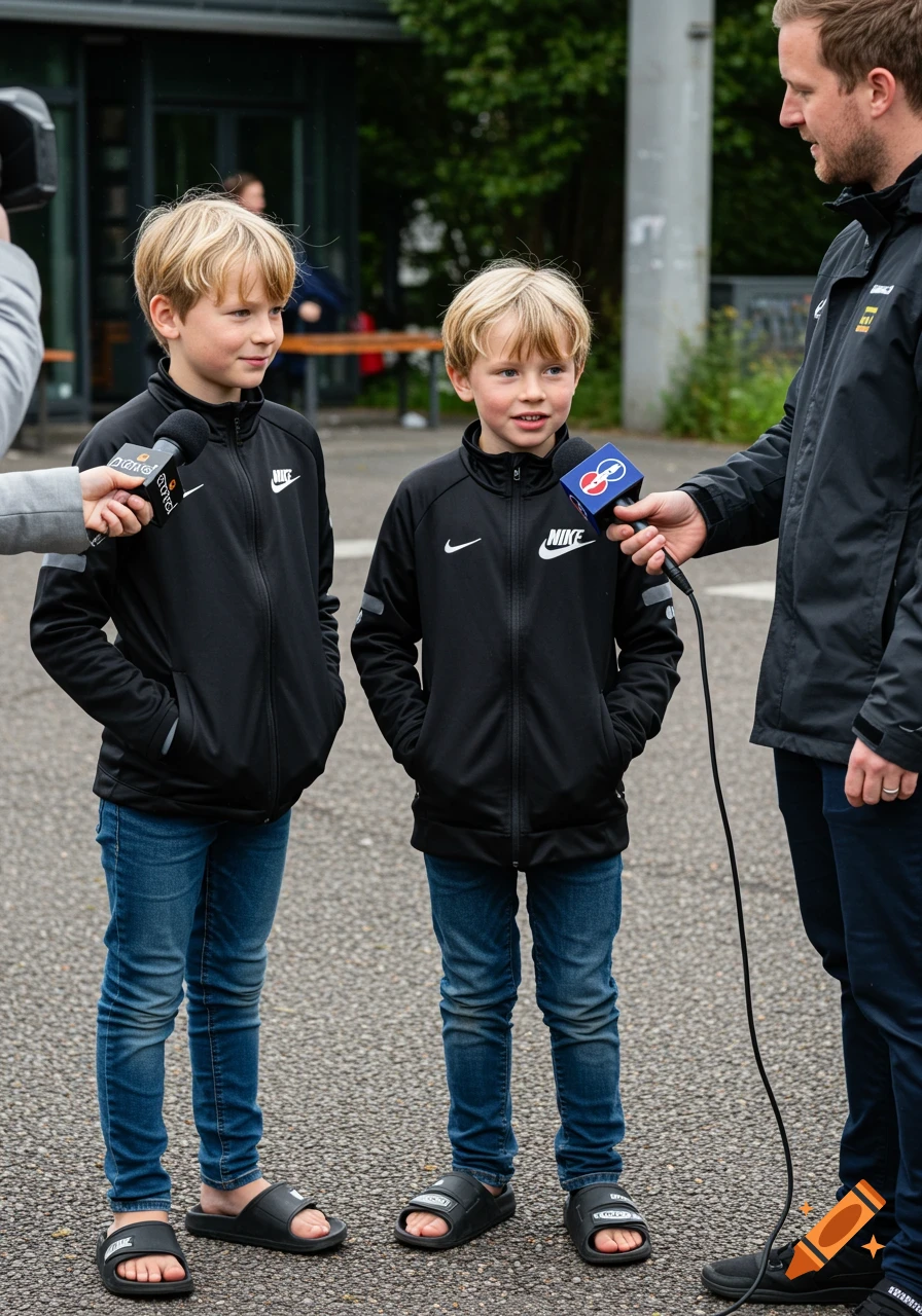 Two blond boys in black Nike jackets and jeans are interviewed by a man with microphones on a street, photorealistic style.