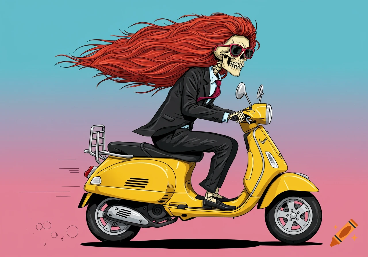 Cartoon skeleton with long red hair, sunglasses, and a suit rides a yellow Vespa scooter.