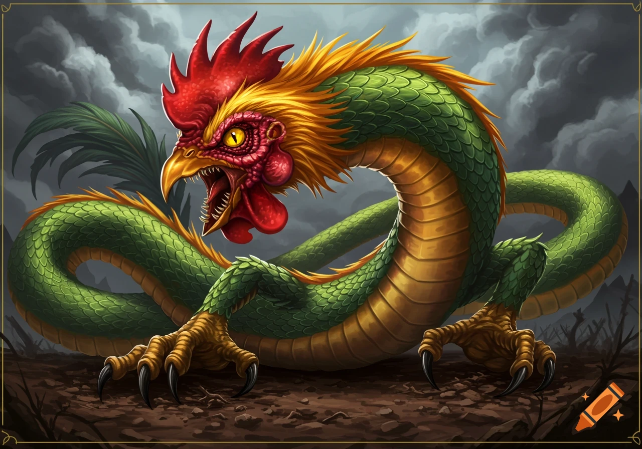 A detailed illustration of a fierce cockatrice with a red rooster head and a green and gold serpent body against a stormy sky.
