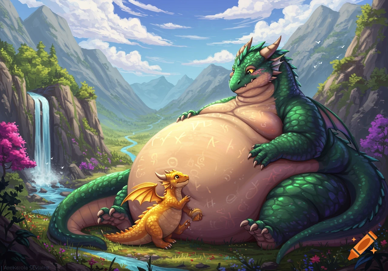A large green dragon with a prominent belly and a small yellow baby dragon sit together in a vibrant mountain valley with a waterfall.