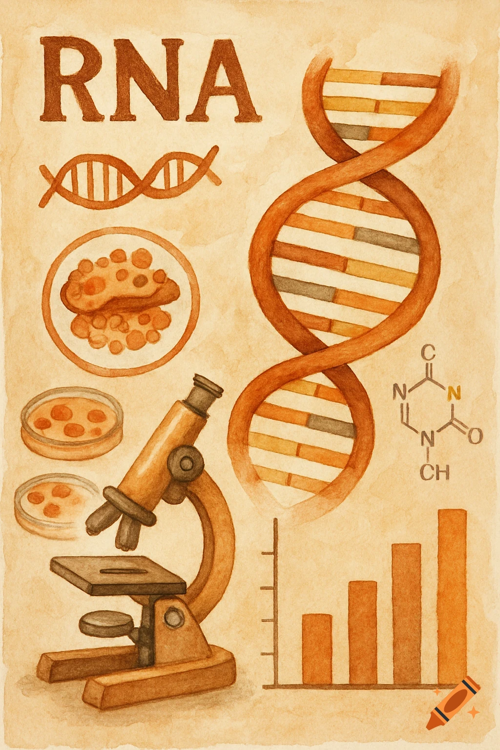 Watercolor illustration of scientific elements including RNA text, DNA double helix, microscope, petri dishes, a chemical structure, and a bar graph.