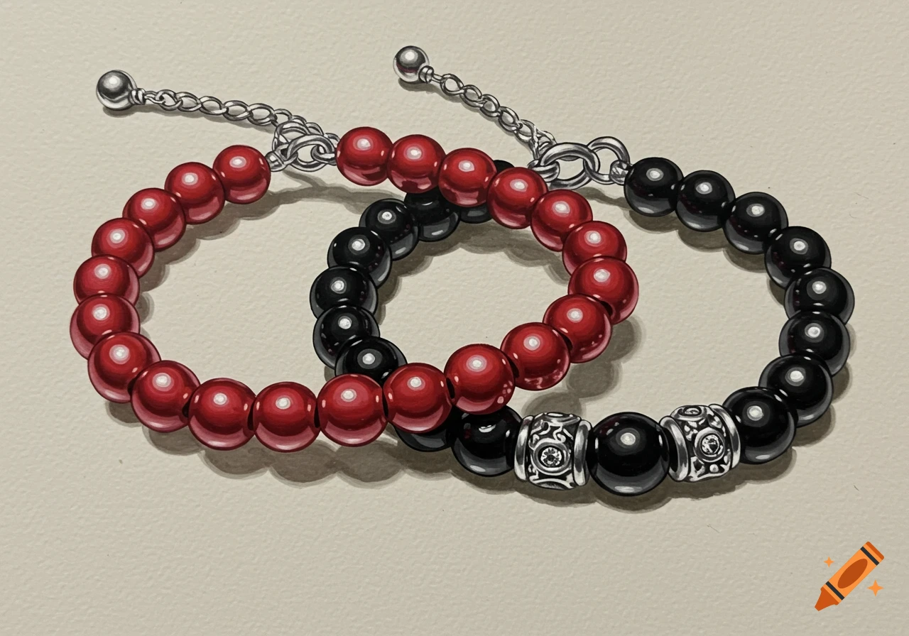Two vibrantly rendered beaded bracelets, one red and one black, with silver charms, lying on a light background.
