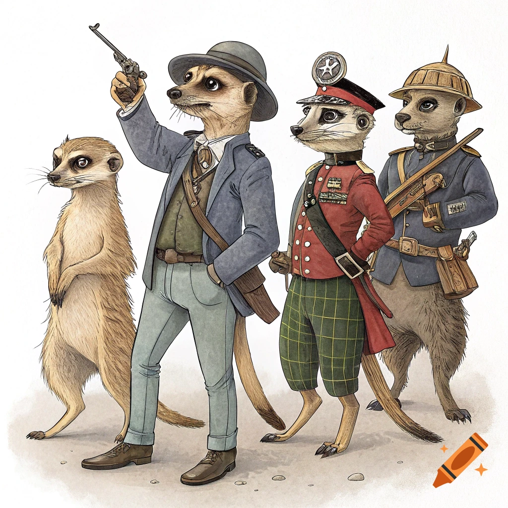 Four anthropomorphic meerkats in historical military-style uniforms, one holding a revolver, on a white background in a watercolor style.