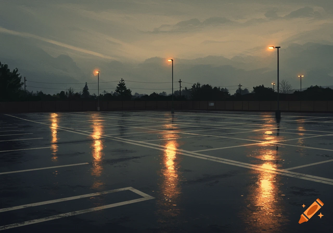 A wet, empty parking lot at dusk or night, illuminated by streetlights reflecting on the puddles. The sky is cloudy.