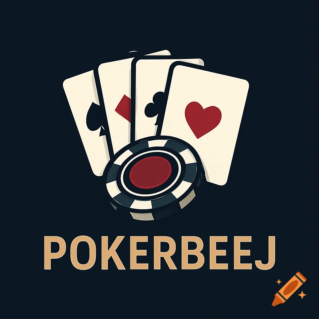 Illustration of playing cards and a poker chip with the word POKERBEEJ in gold letters on a dark background.